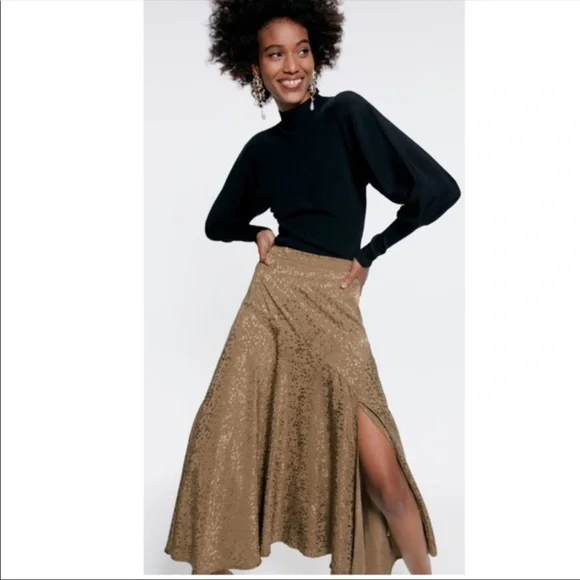 Zara | Jacquard Midi Skirt Oil Green Size XS NWT - Picture 3 of 7